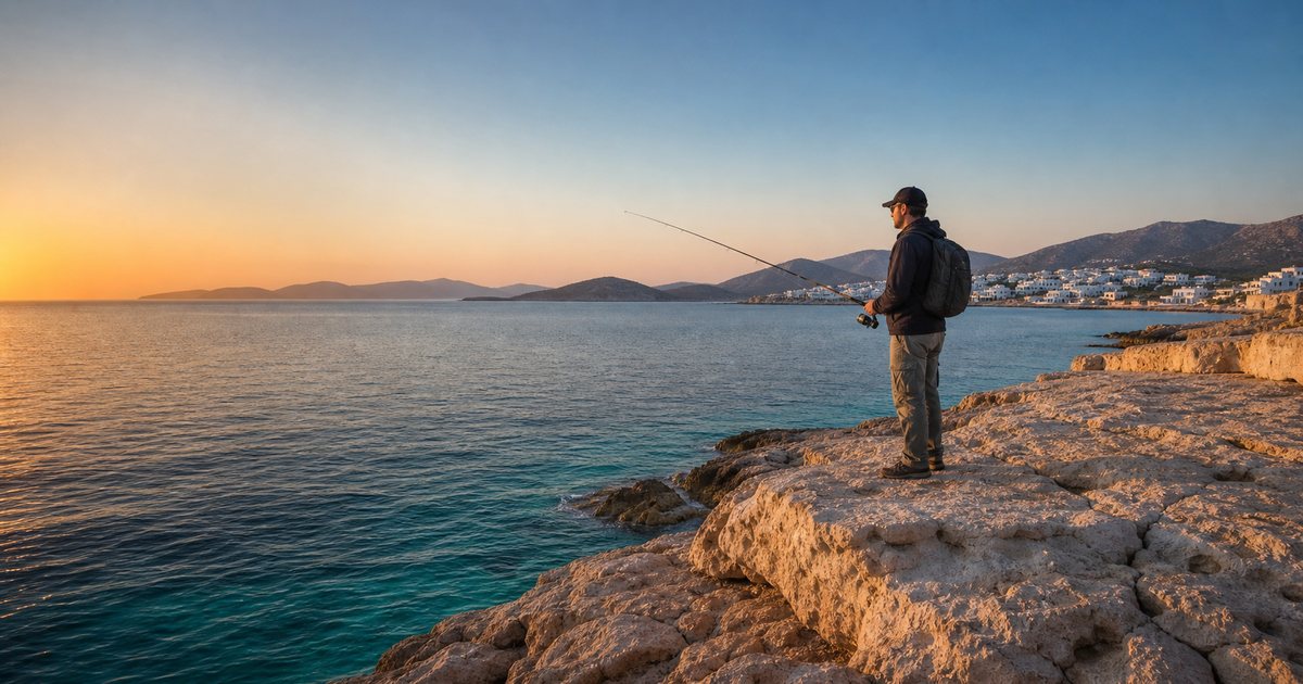 Angler on a rocky Greek coast at sunrise